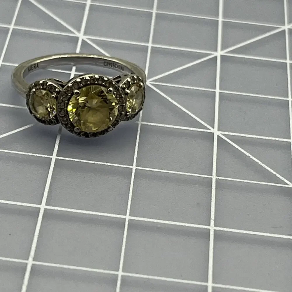 KIERA COUTURE 925 STERLING SILVER 3 CANARY YELLOW CRYSTALS HALO RING Sz 8
